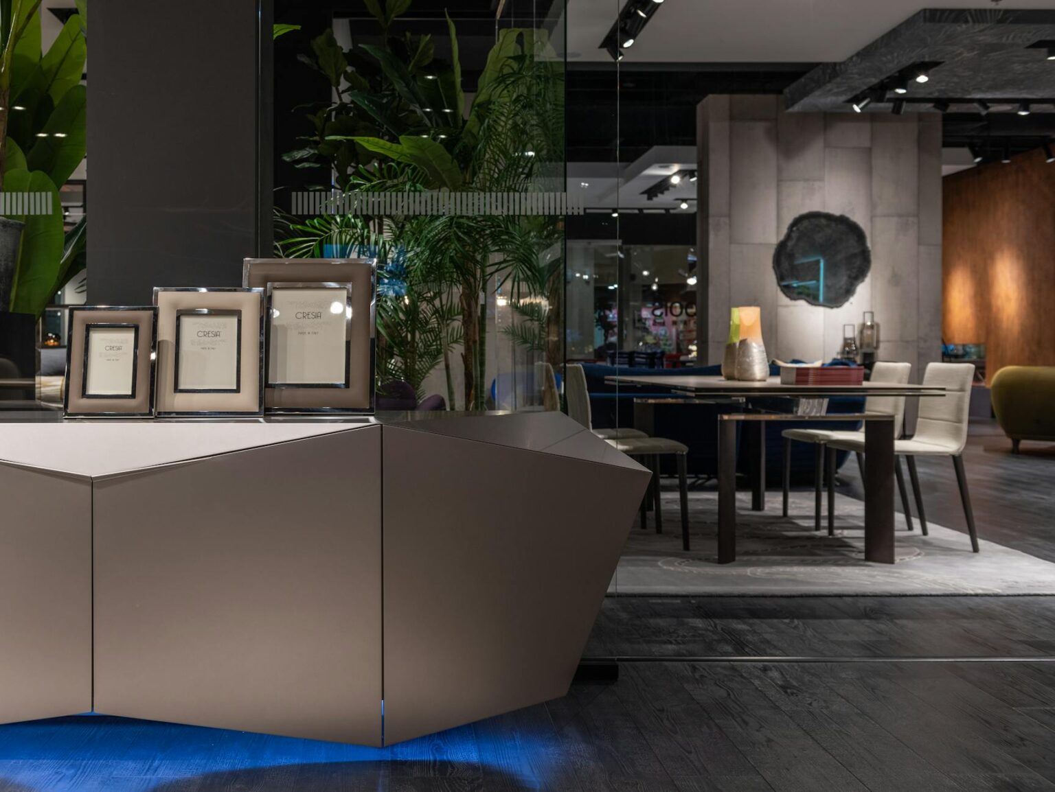 Modern furniture showroom with sofas and design displays showcasing interior consultation services