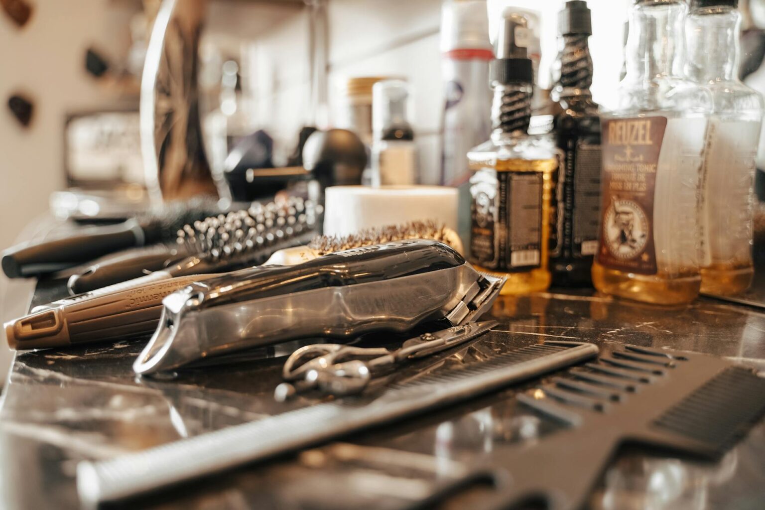 Modern barbershop interior with vintage chairs and grooming products displayed on shelves