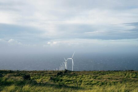 Wind turbines generating renewable energy in an open field