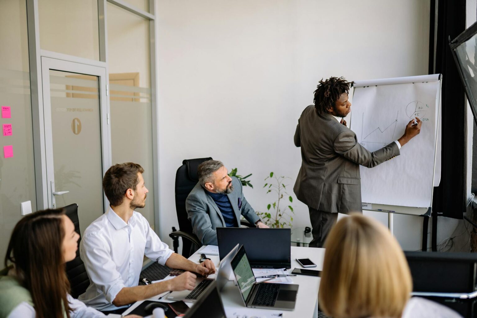 Business professionals in a modern office meeting room discussing employee benefits and retention strategies