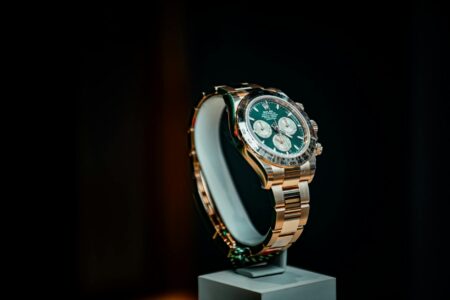 Close-up of an elegant luxury watch with metal bracelet showing detailed craftsmanship