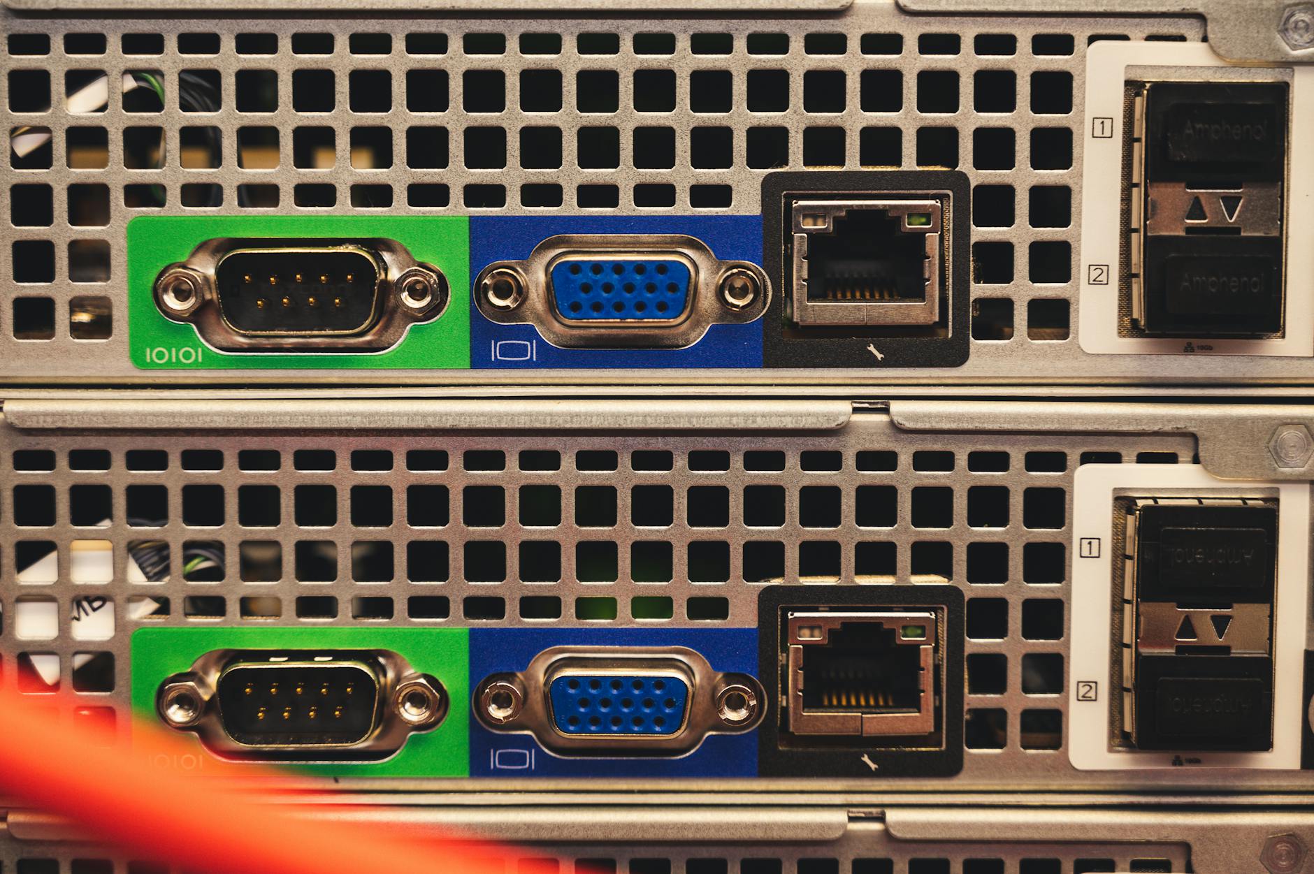 Server room with illuminated network equipment and cable management systems