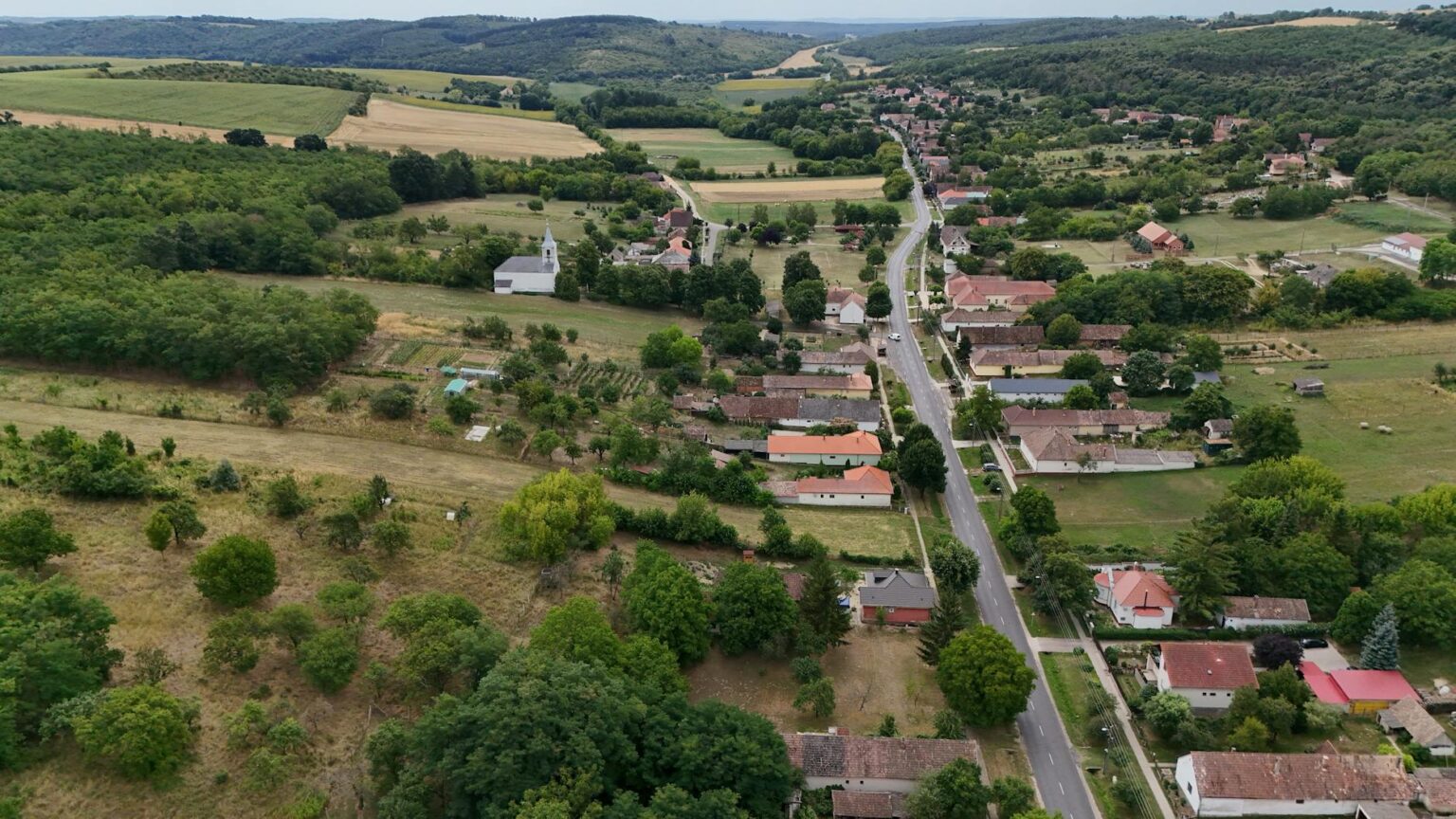 Aerial view of green agricultural farmland with crop rows stretching to the horizon