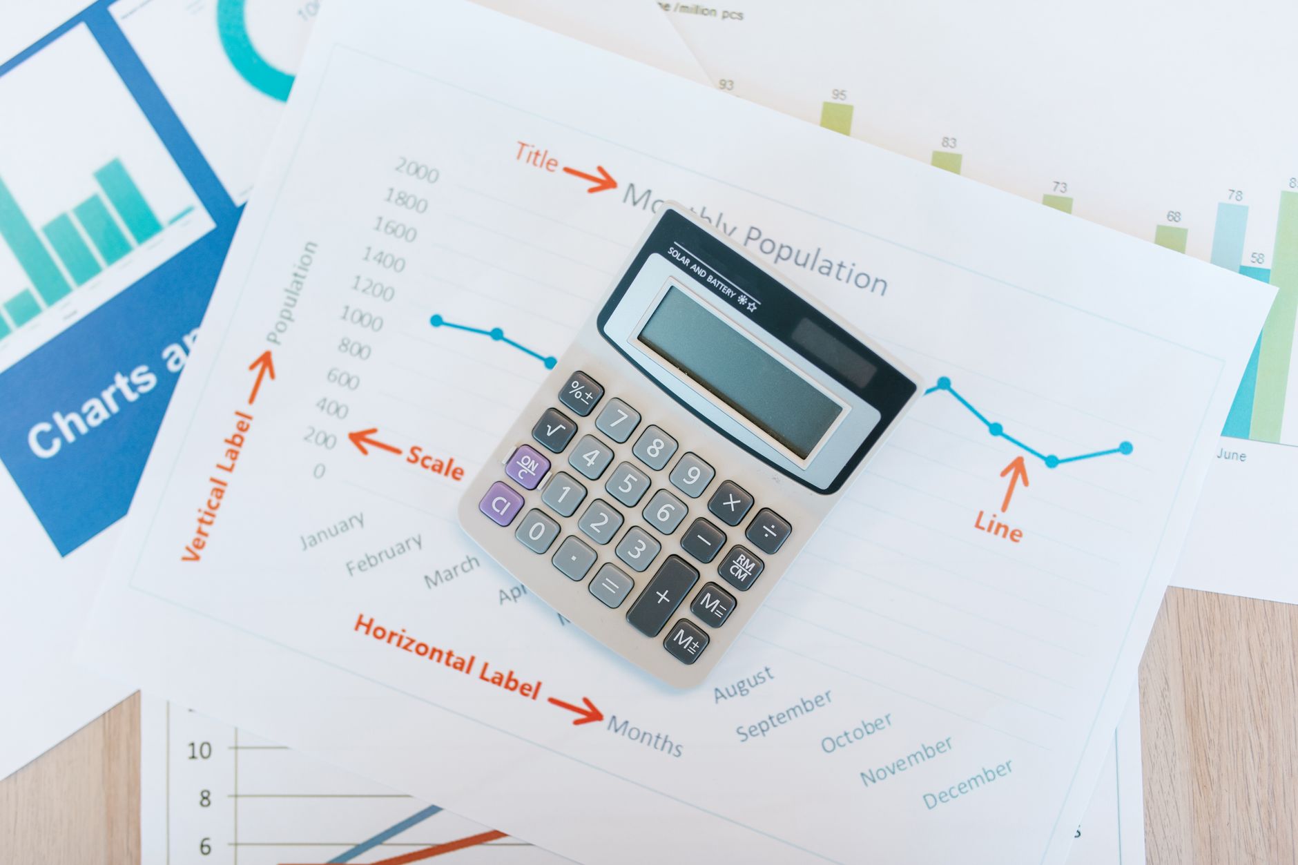 Financial planning charts and graphs spread across a desk
