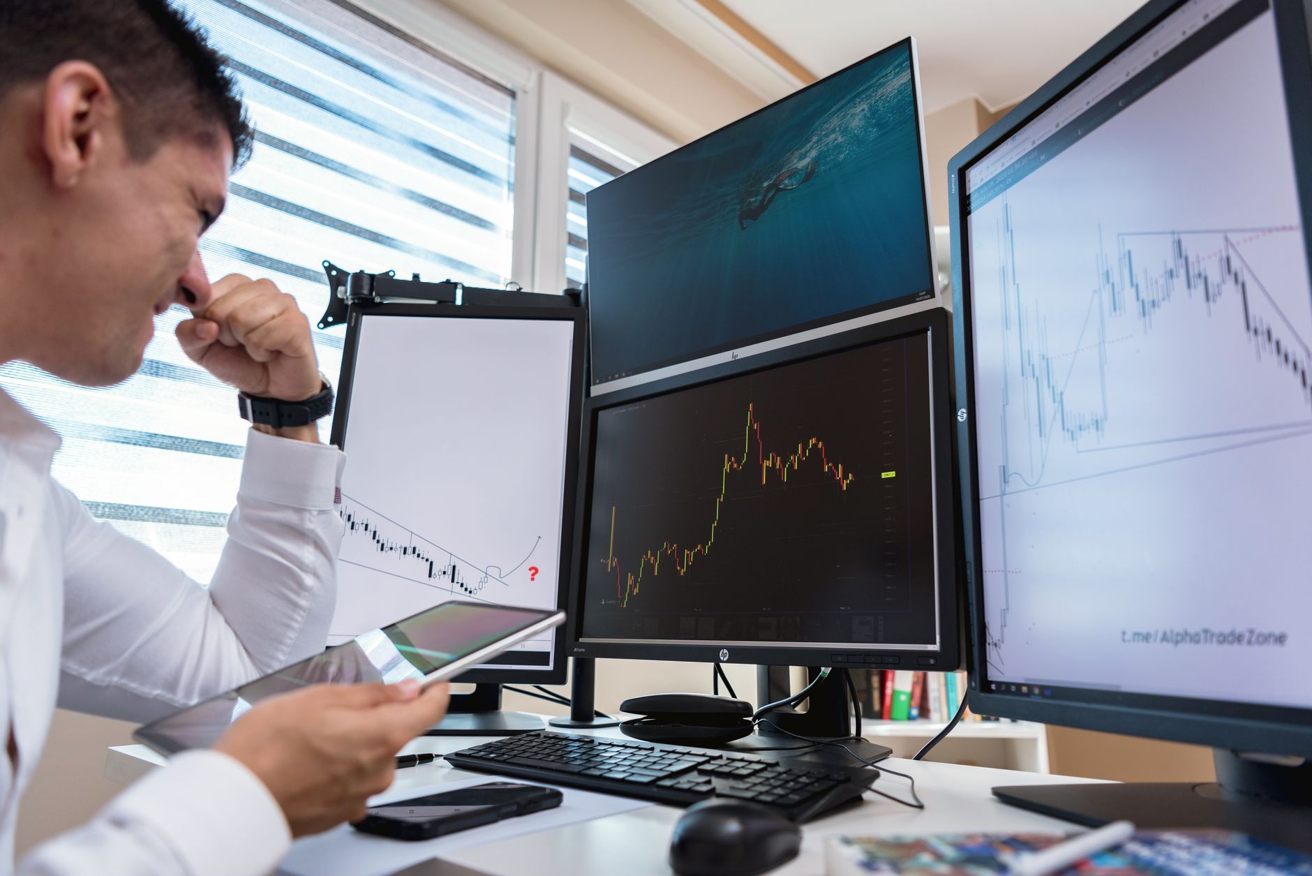 Investor reviewing risk analysis documents and financial data